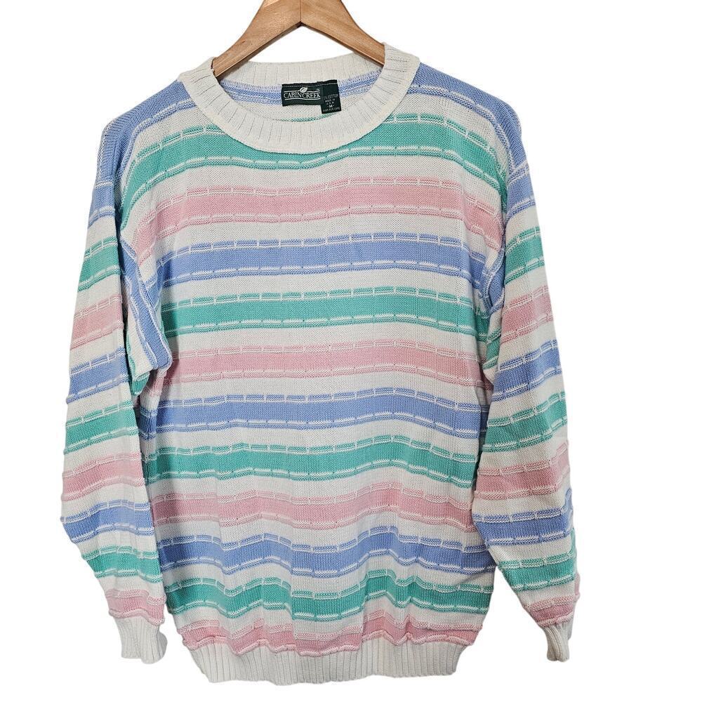 Vintage Cabin Creek Sweater Mens Med White Pink 90s Spring Cosby Cottage Preppy